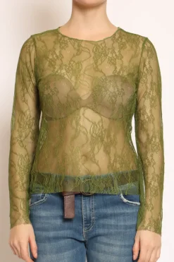 Blusa in pizzo elasticizzato verde bosco