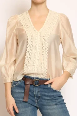 Blusa mussola scollo v macramu00e8 crema