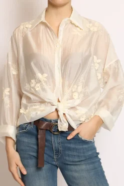 Camicia con ricami fiori grandi avorio