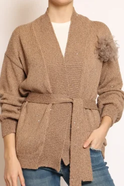Cardigan micropaillettes con spilla avana