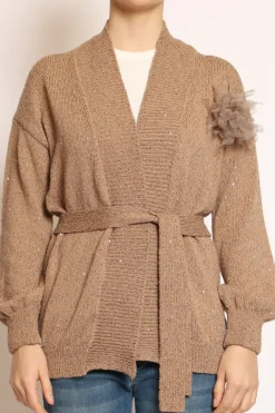 Cardigan micropaillettes con spilla avana