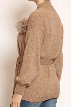 Cardigan micropaillettes con spilla avana