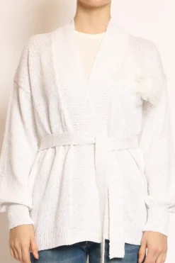Cardigan micropaillettes con spilla off white