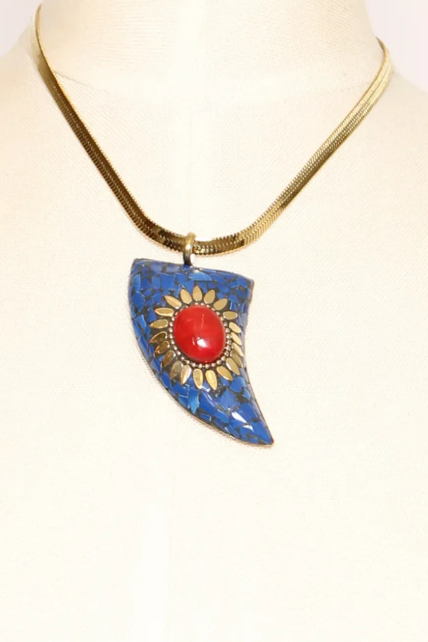 Collana chocker corno mosaico blu/rosso