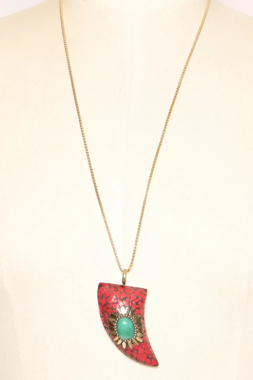 Collana corno con mosaico rosso/salvia