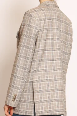 Giacca fantasia check c/spilla camel/blu/celeste