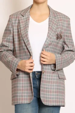 Giacca fantasia check c/spilla nero/camel/rosso
