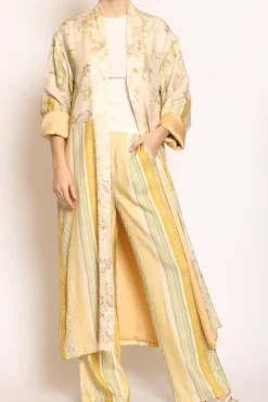 Kimono lungo fantasia cipria/olio/rosa