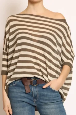 Maglia barca over a righe misto lino oliva/crema