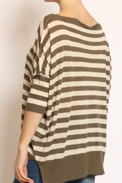 Maglia barca over a righe misto lino oliva/crema
