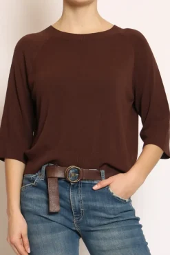 Maglia crop manica 3/4 in filo di viscosa cioccolato
