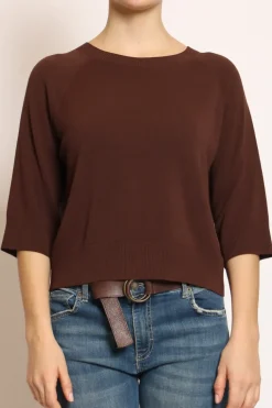Maglia crop manica 3/4 in filo di viscosa cioccolato