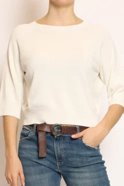Maglia crop manica 3/4 in filo di viscosa off white
