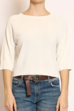 Maglia crop manica 3/4 in filo di viscosa off white
