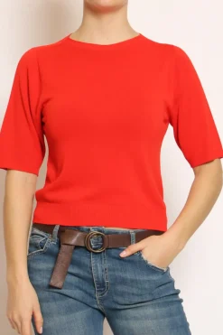 Maglia girocollo mezza manica in filo di viscosa campari