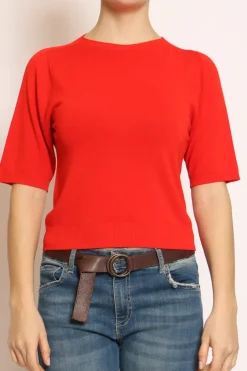 Maglia girocollo mezza manica in filo di viscosa campari