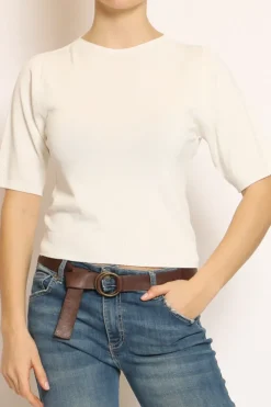 Maglia girocollo mezza manica in filo di viscosa off white