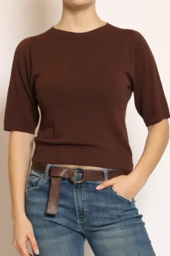 Maglia girocollo mezza manica in filo di viscosa cioccolato