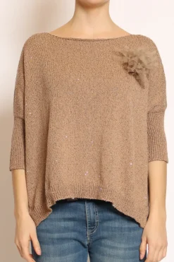 Maglia micropaillettes con spilla avana