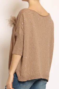 Maglia micropaillettes con spilla avana