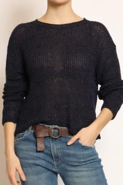 Maglia righe traforata in lurex blu