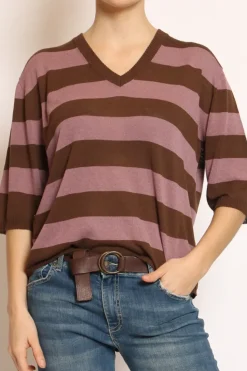 Maglia scollo v a righe misto lino cioccolato/mauve