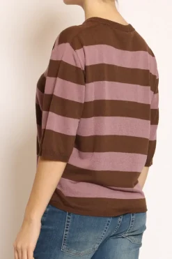 Maglia scollo v a righe misto lino cioccolato/mauve