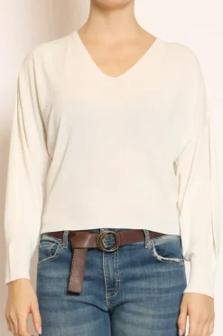 Maglia scollo v in filo di viscosa off white