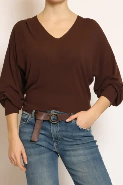 Maglia scollo v in filo di viscosa cioccolato