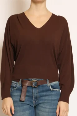 Maglia scollo v in filo di viscosa cioccolato