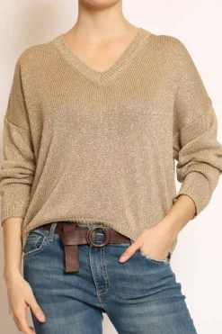 Maglia scollo v in lurex avana