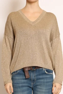 Maglia scollo v in lurex avana