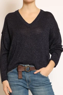 Maglia scollo v in lurex blu