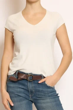 Maglia scollo V manica corta off white