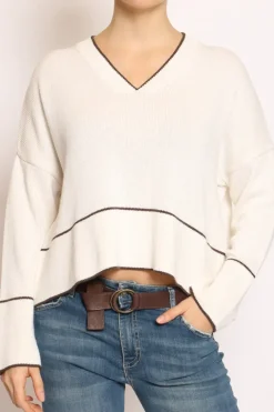 Maglia scollo V righina panna/moro