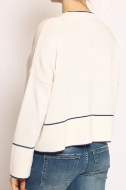 Maglia scollo V righina panna/blu