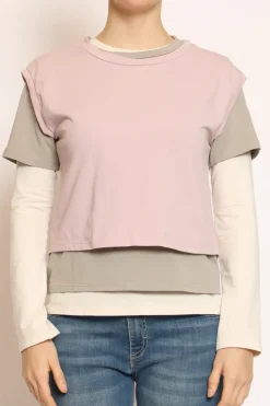 Set tre t-shirt in jersey elasticizzato rosa/taupe/burro