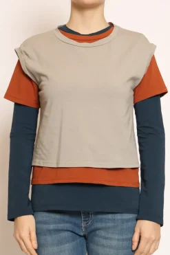 Set tre t-shirt in jersey elasticizzato taupe/coccio/blu