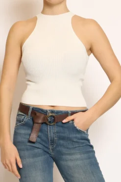 Top a costine in filo di viscosa off white
