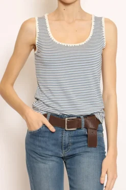 Top righe fine con passamaneria bianco/jeans