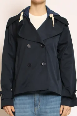 Trench in cotone con cappuccio nylon rimovibile blu
