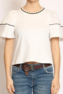 T-shirt manica palloncino righina bianco/bianco
