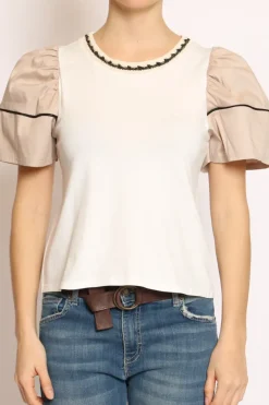 T-shirt manica palloncino righina bianco/beige