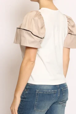 T-shirt manica palloncino righina bianco/beige