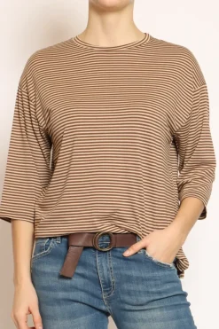 T-shirt righe a scatola in jersey manica 3/4 moro/beige