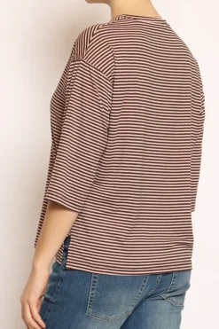 T-shirt righe a scatola in jersey manica 3/4 moro/rosa