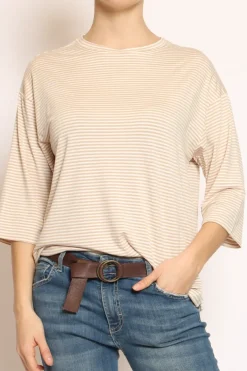 T-shirt righe a scatola in jersey manica 3/4 beige/bianco