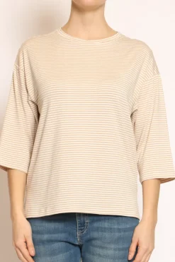 T-shirt righe a scatola in jersey manica 3/4 beige/bianco