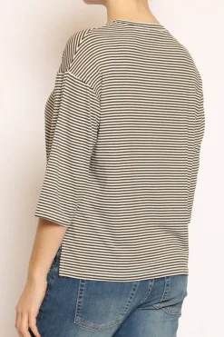 T-shirt righe a scatola in jersey manica 3/4 militare/bianco