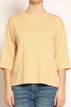 T-shirt righe a scatola in jersey manica 3/4 senape/bianco